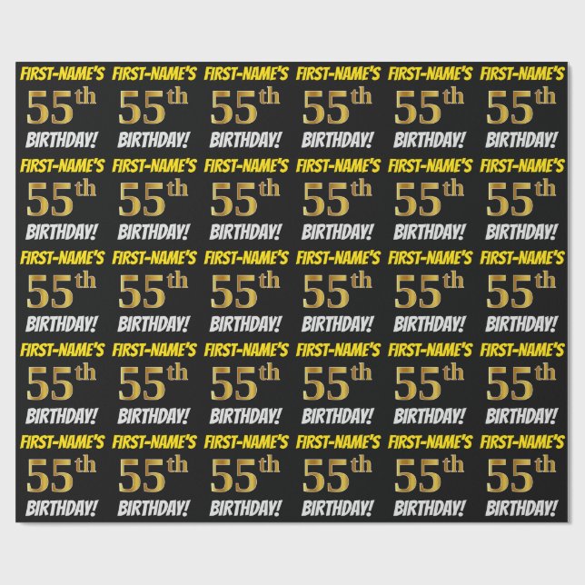 Black, Faux/Imitation Gold, "55th BIRTHDAY" Wrapping Paper (Flat)
