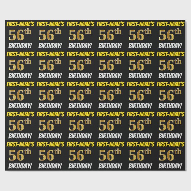 Black, Faux/Imitation Gold, "56th BIRTHDAY" Wrapping Paper (Flat)