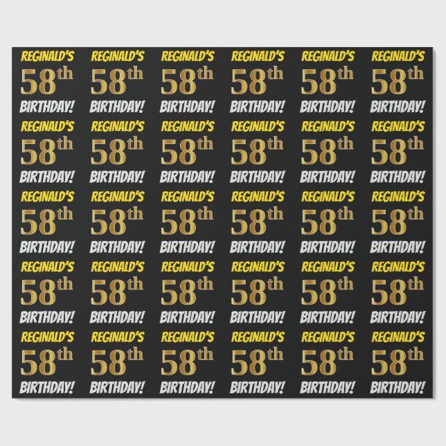 Black, Faux/Imitation Gold, "58th BIRTHDAY" Wrapping Paper (Flat)