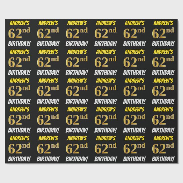Black, Faux/Imitation Gold, "62nd BIRTHDAY" Wrapping Paper (Flat)