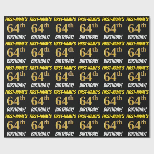 Black, Faux/Imitation Gold, "64th BIRTHDAY" Wrapping Paper (Flat)