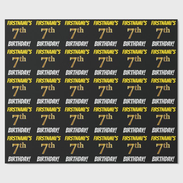 Black, Faux/Imitation Gold, "7th BIRTHDAY" Wrapping Paper (Flat)