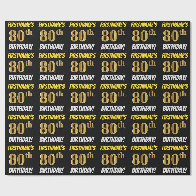 Black, Faux/Imitation Gold, "80th BIRTHDAY" Wrapping Paper (Flat)