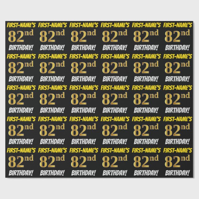 Black, Faux/Imitation Gold, "82nd BIRTHDAY" Wrapping Paper (Flat)