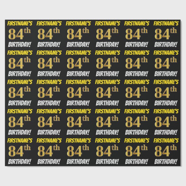 Black, Faux/Imitation Gold, "84th BIRTHDAY" Wrapping Paper (Flat)
