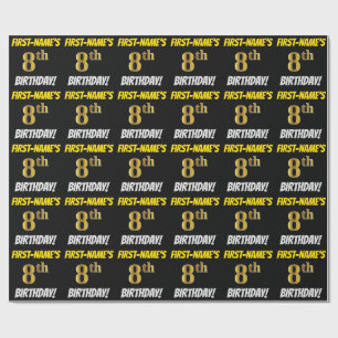 Black, Faux/Imitation Gold, "8th BIRTHDAY" Wrapping Paper