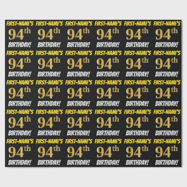 Black, Faux/Imitation Gold, "94th BIRTHDAY" Wrapping Paper (Flat)