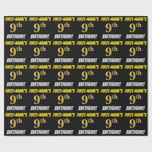 Black, Faux/Imitation Gold, "9th BIRTHDAY" Wrapping Paper (Flat)