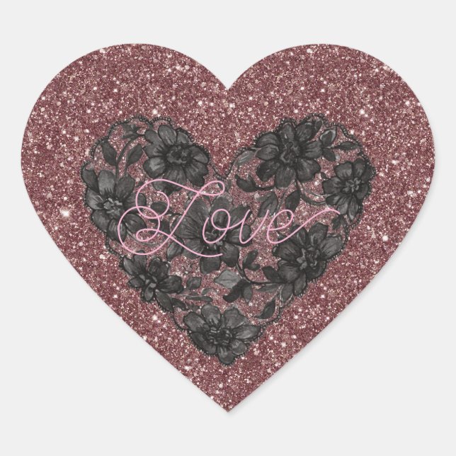Black Faux Lace Heart Floral Heart Sticker (Front)