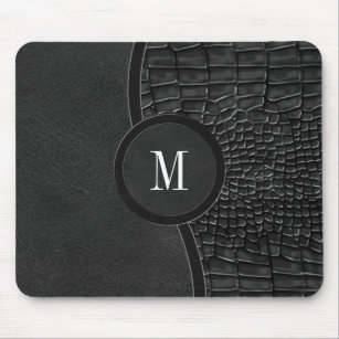Black Faux Leather Alligator Skin Luxury Monogram Mouse Pad