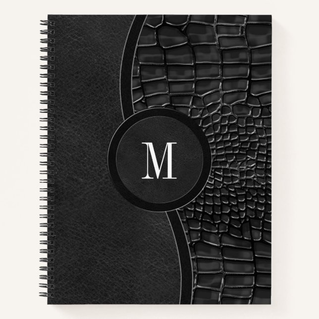 Black Faux Leather Alligator Skin Luxury Monogram Notebook (Front)