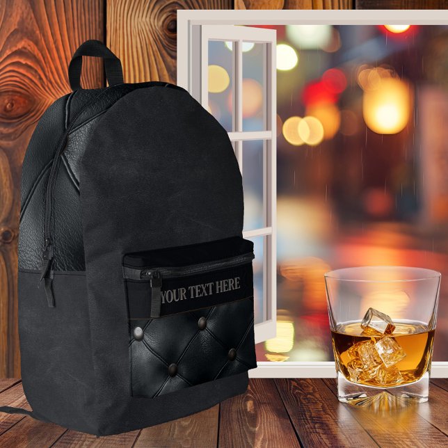 Black Faux Leather Classic  Printed Backpack (A practical and multi-functional backpack featuring a black faux leather design. )