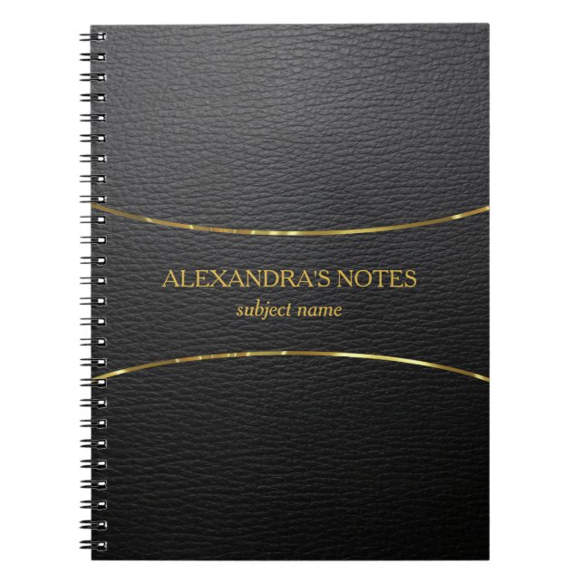 Black faux leather texture gold accent notebook (Front)