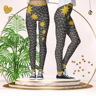 Black Faux Leather Texture Gold Stars Trendy   Leggings