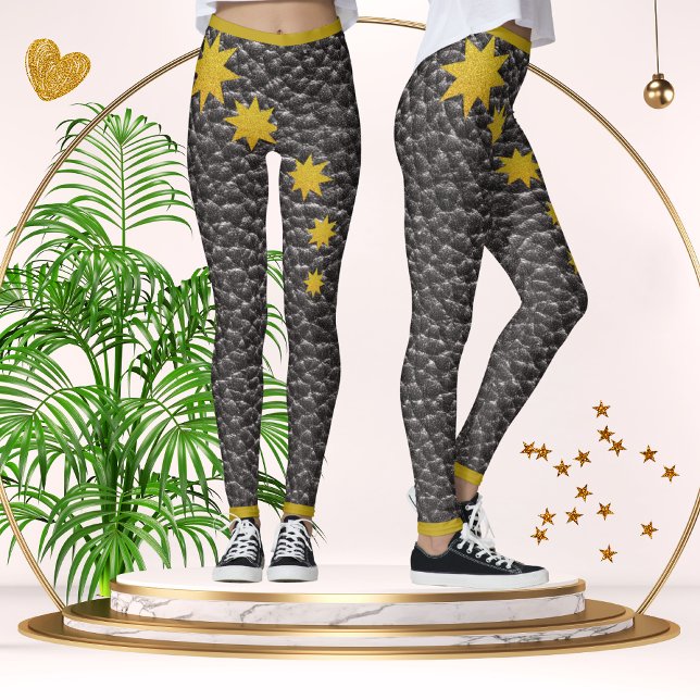 Black Faux Leather Texture Gold Stars Trendy   Leggings (Creator Uploaded)