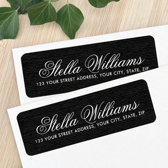Black faux linen romantic script return address label (Creator Uploaded)