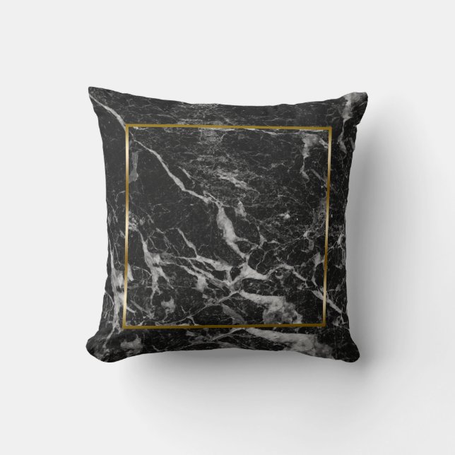 Black Faux Marble Gold Border Frame Cushion (Front)
