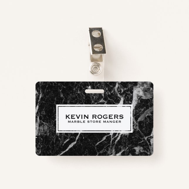 Black Faux Marble White Accent ID Badge (Front with Clip)