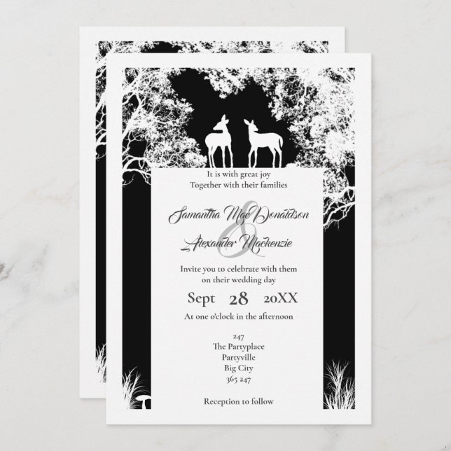 Black faux paper cut woodland wedding invitation (Front/Back)