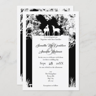 Black faux paper cut woodland wedding invitation