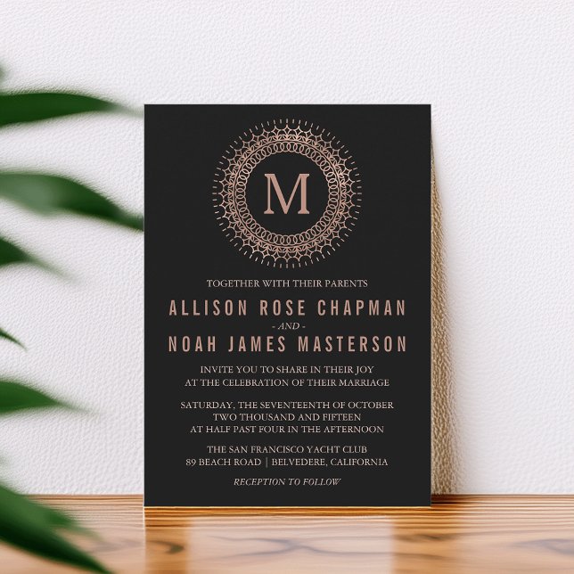 Black & Faux Rose Gold Deco Monogram Wedding Invitation (Creator Uploaded)