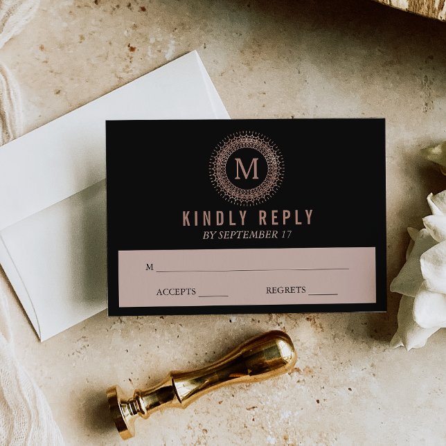 Black & Faux Rose Gold Deco Monogram Wedding RSVP Card (Creator Uploaded)