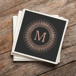 Black & Faux Rose Gold Elegant Initial Monogram Napkin