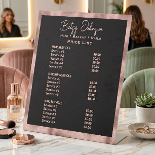 Black Faux Rose Gold Foil Beauty Salon Price List Pedestal Sign