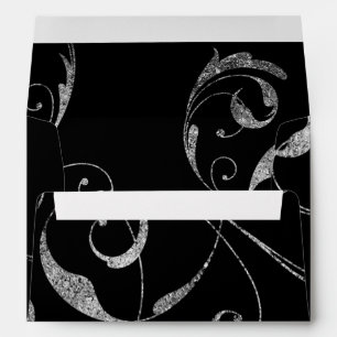 Black & Faux Silver Glass Floral Swirl Elegant Envelopes