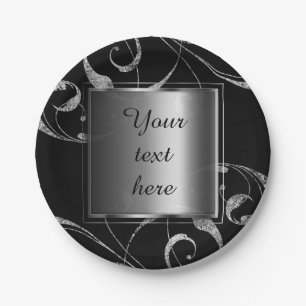 Black & Faux Silver Glass Floral Swirl Elegant Paper Plate