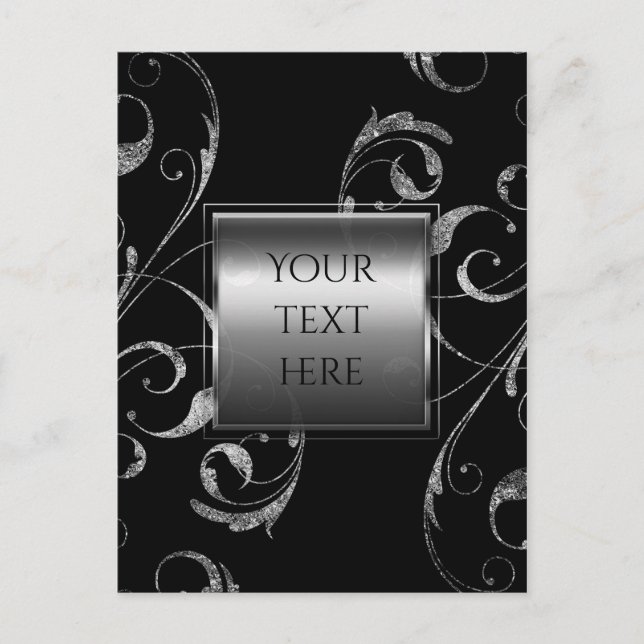 Black & Faux Silver Glass Floral Swirl Elegant Postcard (Front)