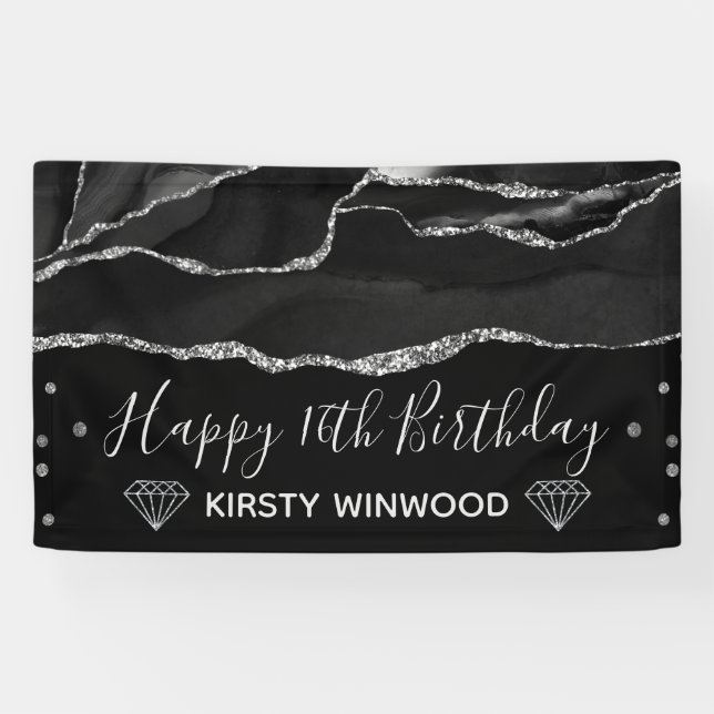 Black & Faux Silver Glitter Agate Sweet 16 Banner (Horizontal)