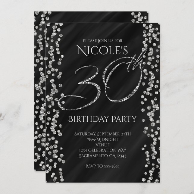 Black & Faux Silver Glitter Glam 30 30th Birthday Invitation (Front/Back)