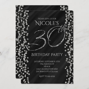 Black & Faux Silver Glitter Glam 30 30th Birthday Invitation