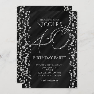 Black & Faux Silver Glitter Glam 40 40th Birthday Invitation