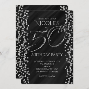 Black & Faux Silver Glitter Glam 50 50th Birthday Invitation