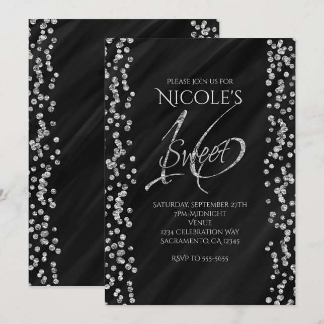 Black & Faux Silver Glitter Glam SWEET 16 Sixteen Invitation (Front/Back)