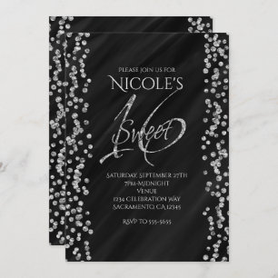 Black & Faux Silver Glitter Glam SWEET 16 Sixteen Invitation
