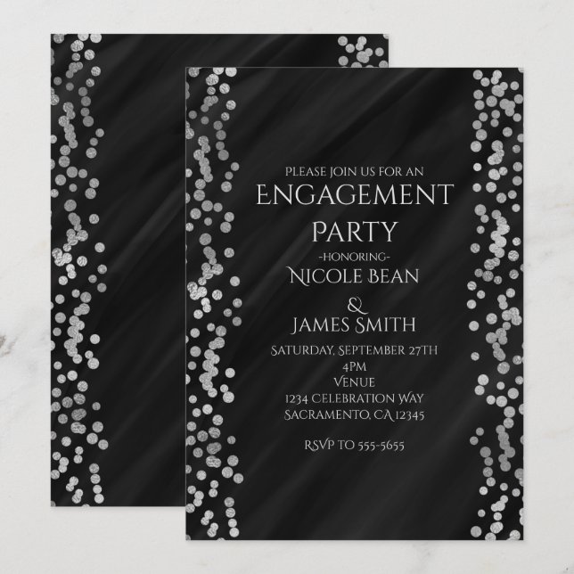 Black & Faux Silver Modern Glam Wedding Engagement Invitation (Front/Back)