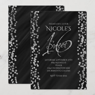 Black & Faux Silver Modern GlamSWEET 16 Sixteen Invitation
