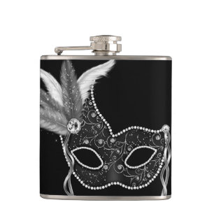 Black Feather Mask Mardi Gras Hip Flask