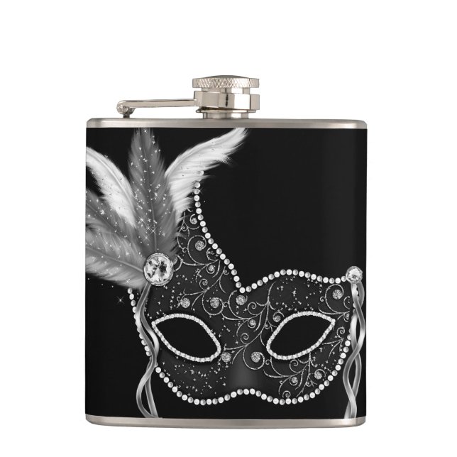 Black Feather Mask Mardi Gras Hip Flask (Front)