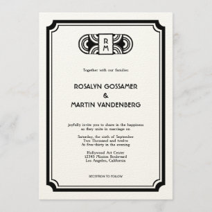 Black felt art deco retro Hollywood glam wedding Invitation