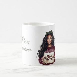 Black Female Green Bow Burgundy Cookies Christmas Coffee Mug