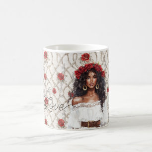Black Female Roses Wreath Faux Wood Floral Love Coffee Mug