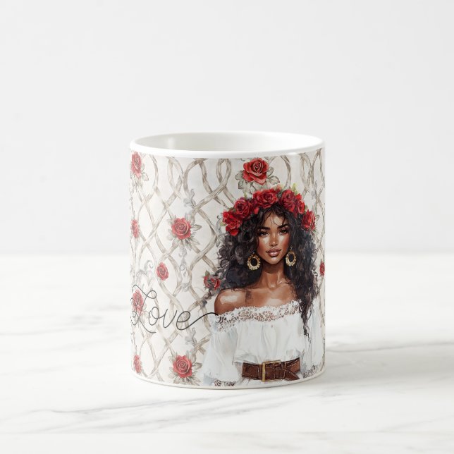 Black Female Roses Wreath Faux Wood Floral Love Coffee Mug (Center)