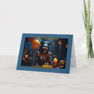 Black Female Werewolf Happy Birthday on Halloween Card