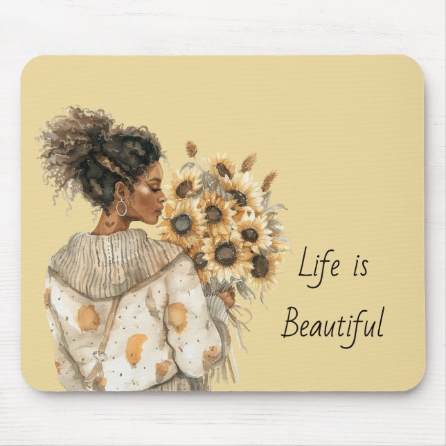 Black Female Yellow Sunflowers Mouse Pad (Front)