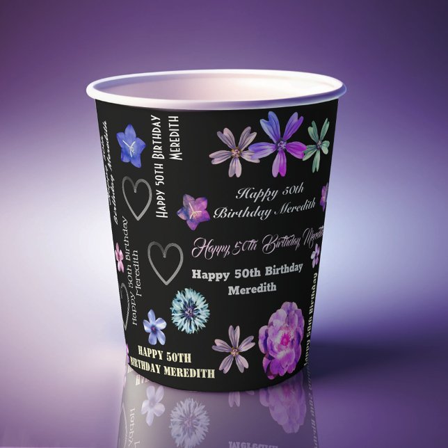 Black Feminine Floral Name Happy 50th Birthday Paper Cups (Creator Uploaded)
