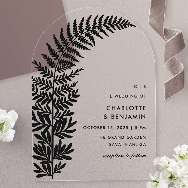 Black Fern Modern Minimalist Arch Wedding Acrylic Invitations (Creator Uploaded)